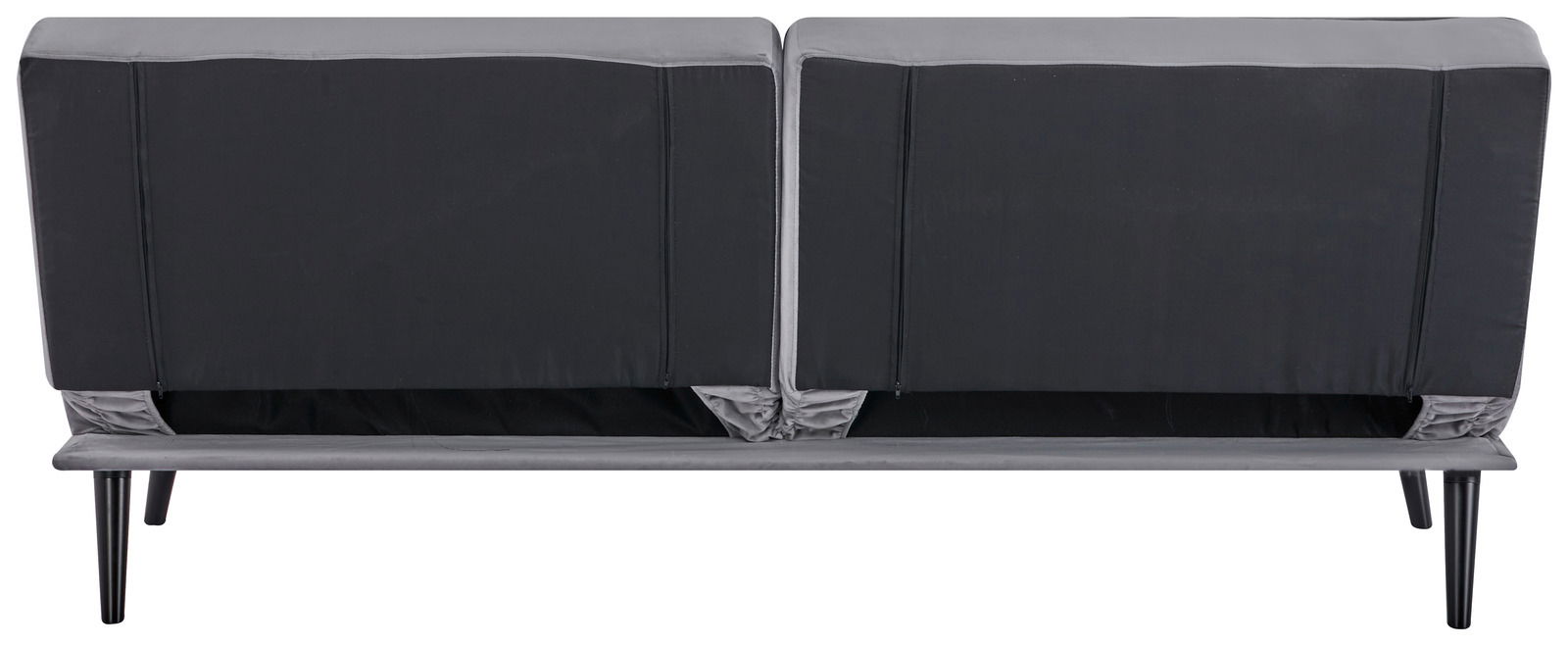 Rückansicht eines Funktionssofas mit schwarzen und grauen Polstern, auf schlanken schwarzen Beinen.