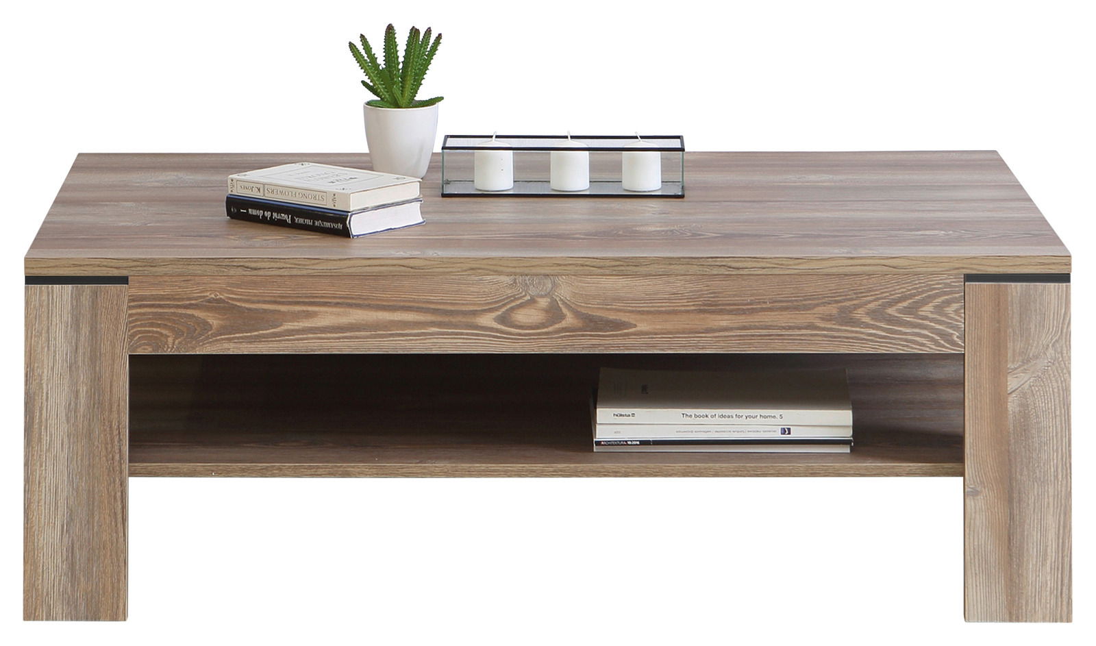 Moderner Couchtisch aus Holz mit Ablagefach, dekoriert mit Büchern, Kerzen und einer Pflanze, Frontalansicht.