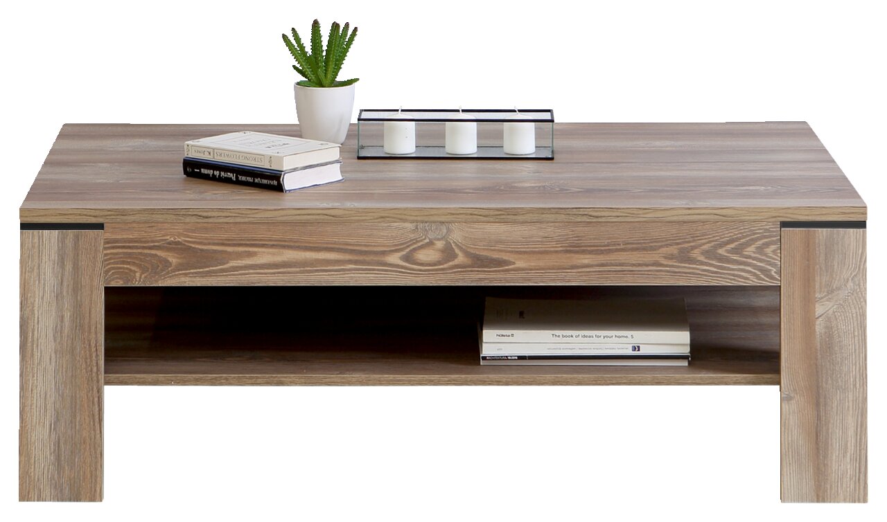 Moderner Couchtisch aus Holz mit Ablagefach, dekoriert mit Büchern, Kerzen und einer Pflanze, Frontalansicht.