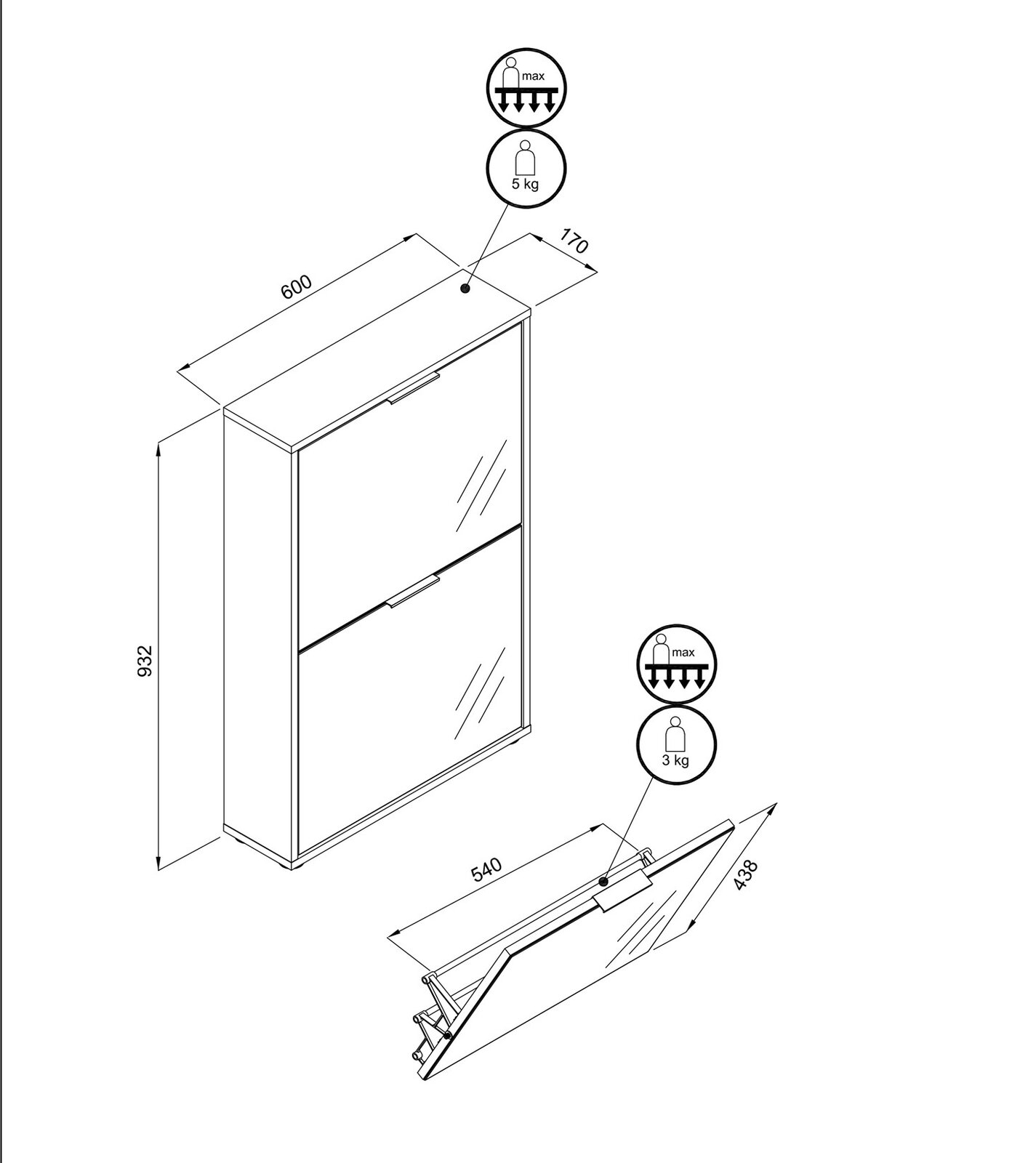 Isometrische Ansicht eines wandmontierten Bad-Spiegelschranks mit zwei Klapptüren, ca. 600 mm breit, 932 mm hoch und 170 mm tief, mit Maßangaben und Belastungshinweisen (5 kg/3 kg).