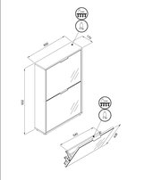 Isometrische Ansicht eines wandmontierten Bad-Spiegelschranks mit zwei Klapptüren, ca. 600 mm breit, 932 mm hoch und 170 mm tief, mit Maßangaben und Belastungshinweisen (5 kg/3 kg).