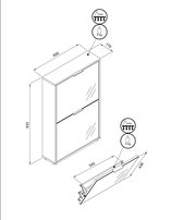Isometrische Ansicht eines wandmontierten Bad-Spiegelschranks mit zwei Klapptüren, ca. 600 mm breit, 932 mm hoch und 170 mm tief, mit Maßangaben und Belastungshinweisen (5 kg/3 kg).