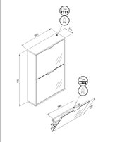 Isometrische Ansicht eines wandmontierten Bad-Spiegelschranks mit zwei Klapptüren, ca. 600 mm breit, 932 mm hoch und 170 mm tief, mit Maßangaben und Belastungshinweisen (5 kg/3 kg).