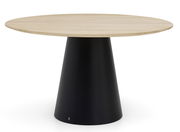 Runder Esstisch mit hellem Holz-Tischplatte und konischem schwarzen Sockel, seitliche Perspektive
