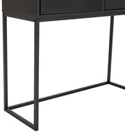 Schwarze Konsole mit schlankem Metallrahmen, seitliche Perspektive