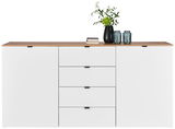 Modernes Sideboard mit weißer Front und Holzplatte, dekoriert mit Pflanzen und Kerzen, Frontalansicht