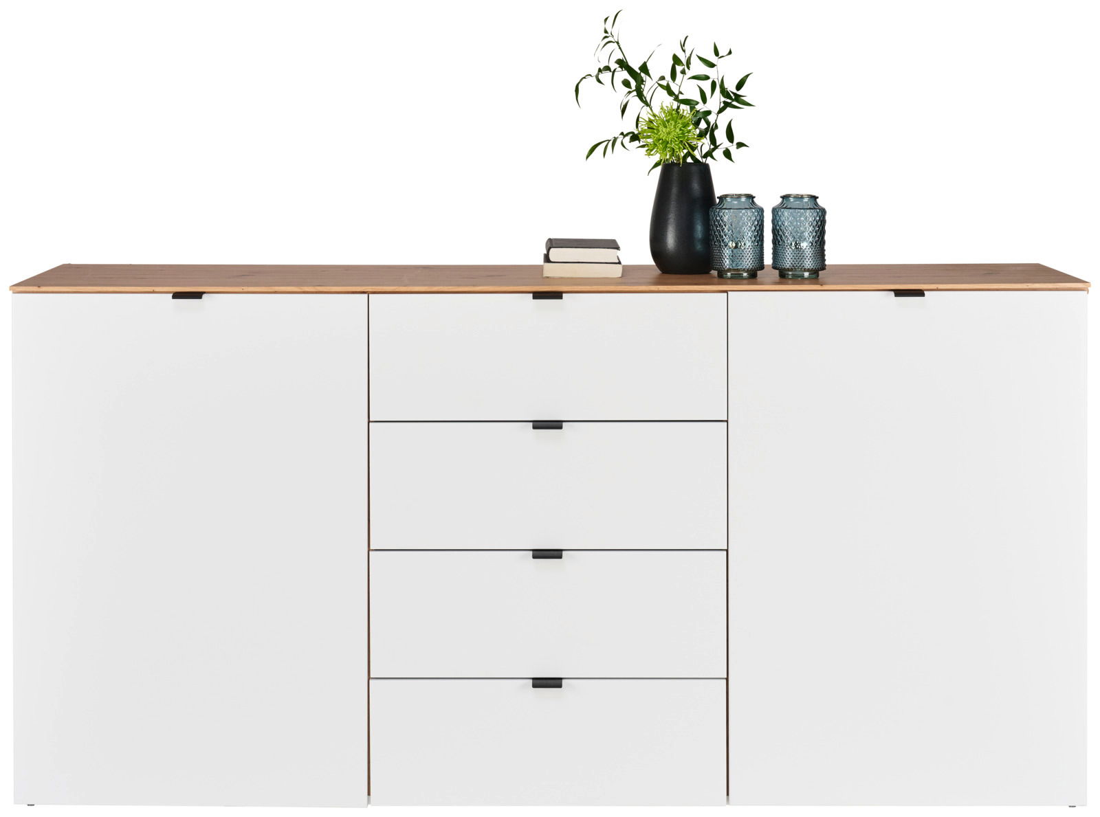 Modernes Sideboard mit weißer Front und Holzplatte, dekoriert mit Pflanzen und Kerzen, Frontalansicht