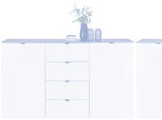 Modernes Sideboard mit weißer Front und Holzplatte, dekoriert mit Pflanzen und Kerzen, Frontalansicht