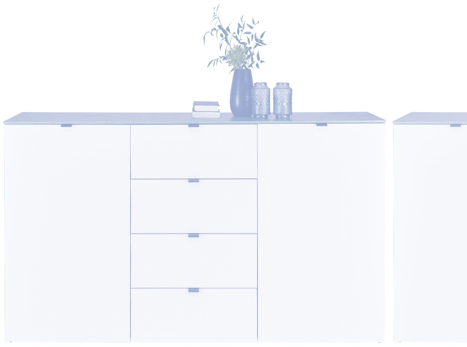 Modernes Sideboard mit weißer Front und Holzplatte, dekoriert mit Pflanzen und Kerzen, Frontalansicht