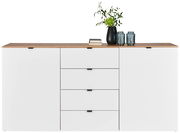 Modernes Sideboard mit weißer Front und Holzplatte, dekoriert mit Pflanzen und Kerzen, Frontalansicht