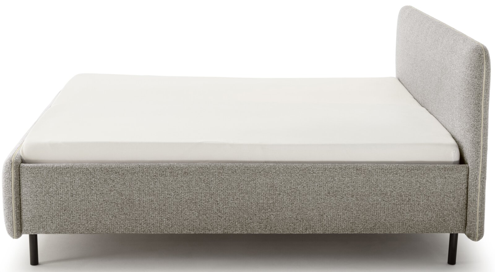 Grijs boxspringbed in vooraanzicht, met een strak ontwerp en een zwart frame.