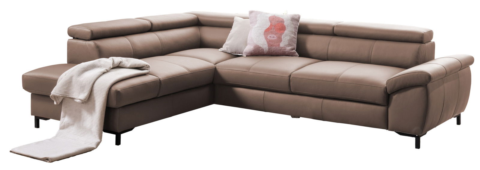 Stylife Ecksofa LENO 2.0 Eckgarnitur in braunem Leder mit Kissen und Decke, Perspektive von vorne links