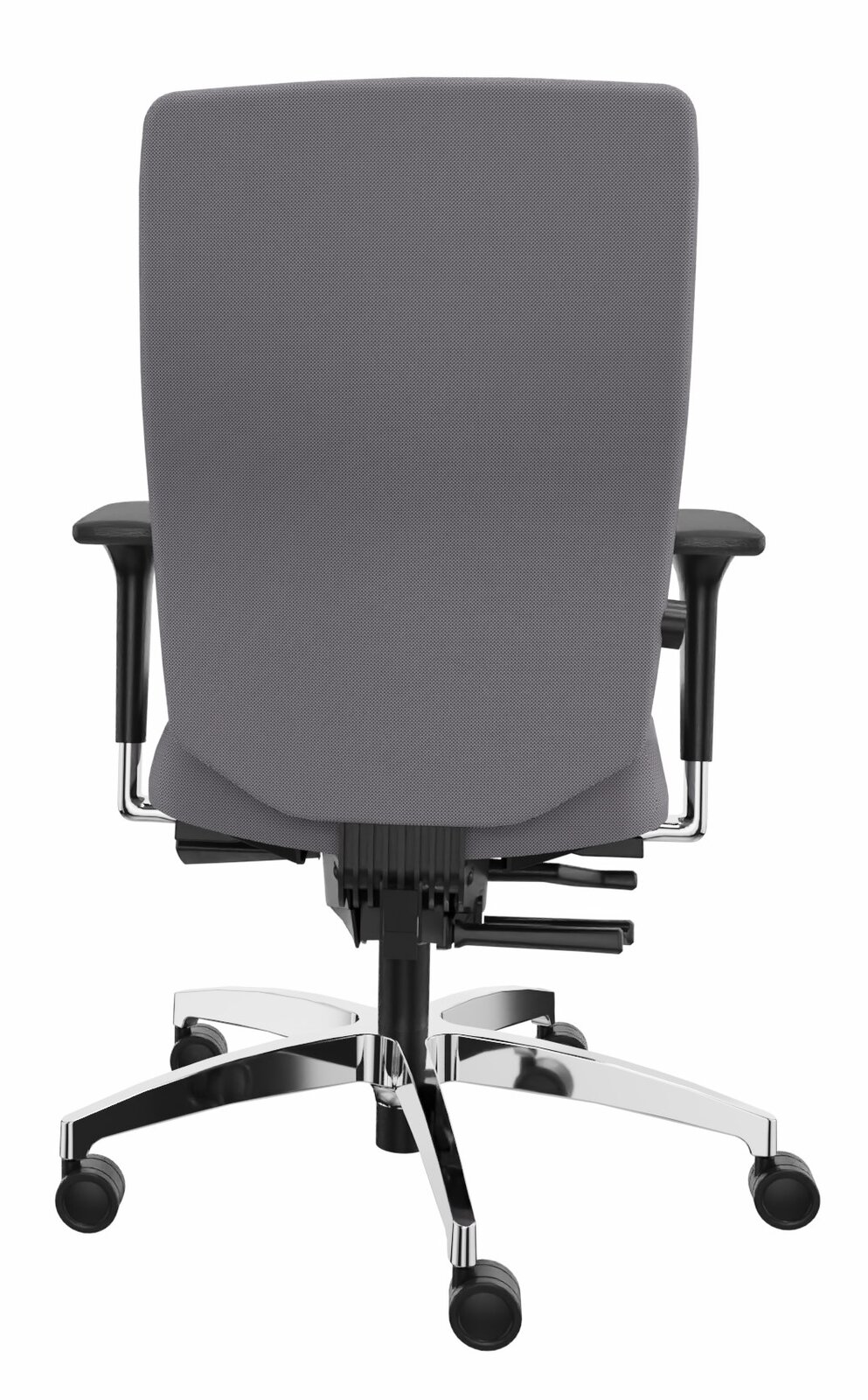Rückansicht eines grauen Drehstuhls mit verstellbaren Armlehnen und einem verchromten Fußkreuz auf Rollen.