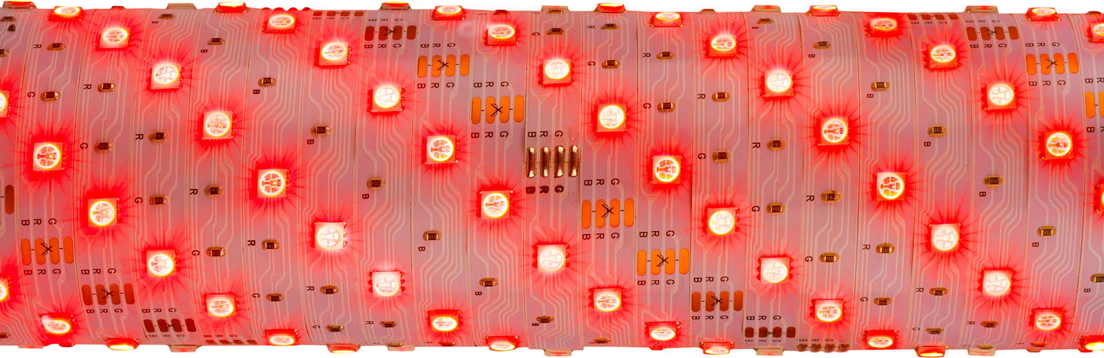Nahaufnahme eines leuchtenden USB RGB-LED Flexbands mit roten LEDs, Draufsicht