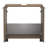 Frontansicht eines offenen Waschbeckenunterschranks aus Holz mit Metallbeschlägen.