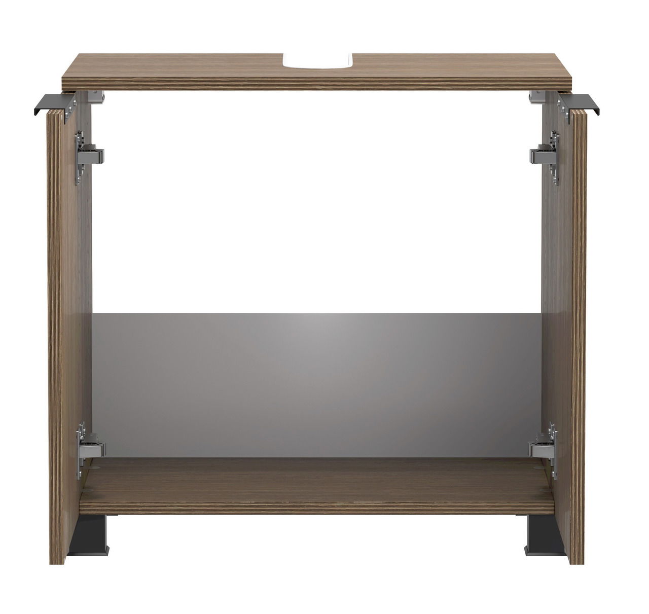 Frontansicht eines offenen Waschbeckenunterschranks aus Holz mit Metallbeschlägen.