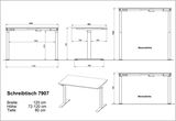 Zeichnung eines höhenverstellbaren Schreibtisches, Modell 7907, mit den Maßen 120 cm Breite, 72-120 cm Höhe und 80 cm Tiefe. Ansicht von vorne, der Seite und in der Perspektive.