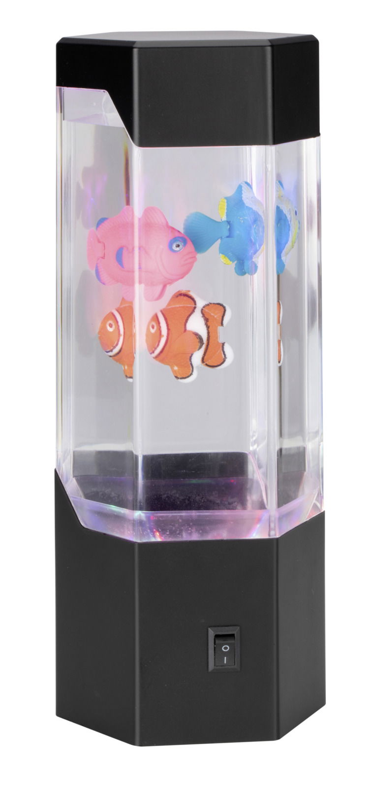 LED-Dekoleuchte mit bunten Fischen, seitliche Perspektive