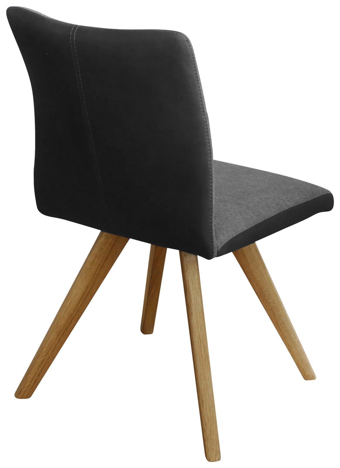 Moderner Stuhl mit schwarzem Bezug und Holzbeinen, seitliche Rückansicht