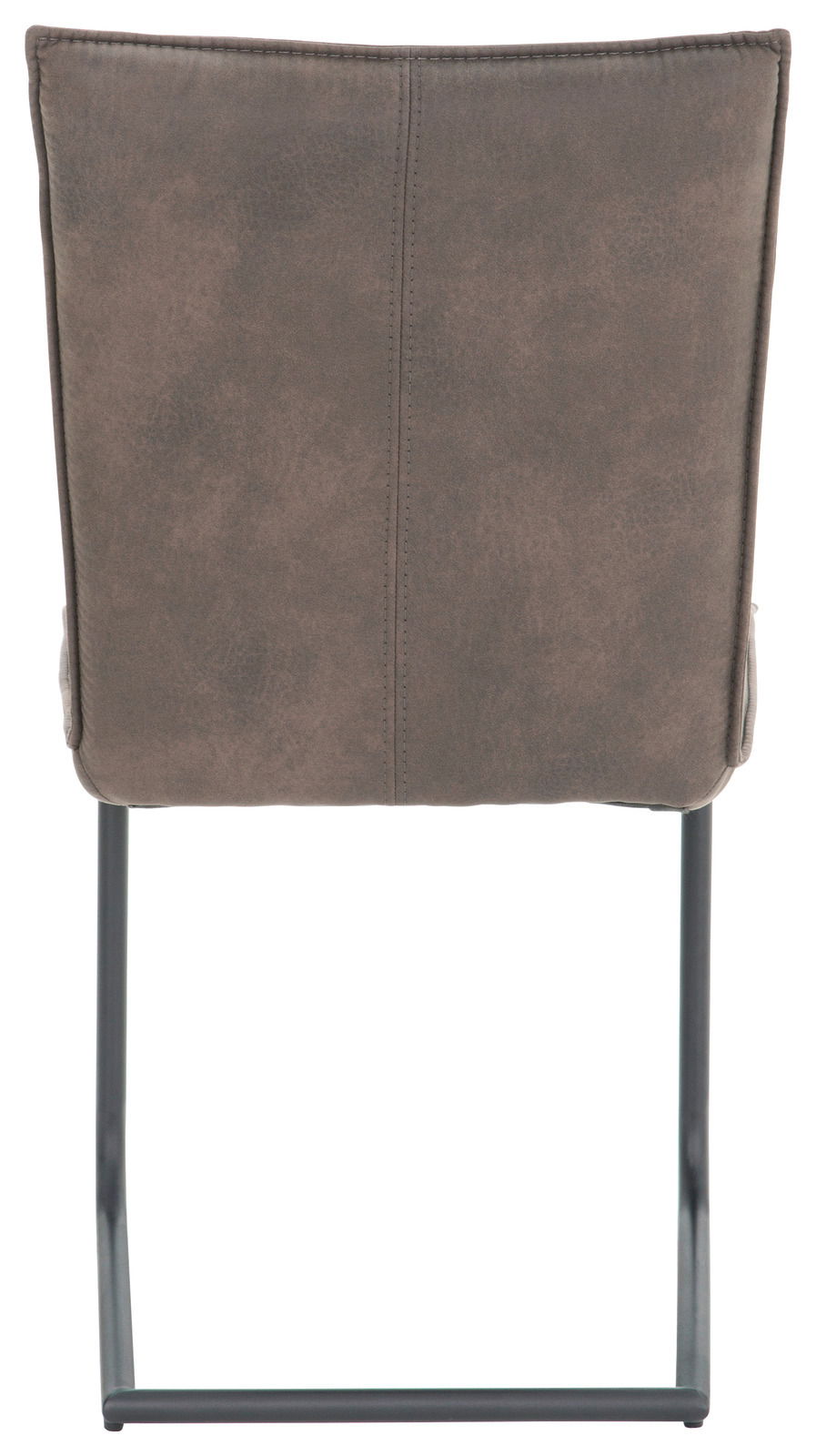 Rückansicht eines Freischwinger-Stuhls mit braunem Polster und schwarzem Metallgestell.