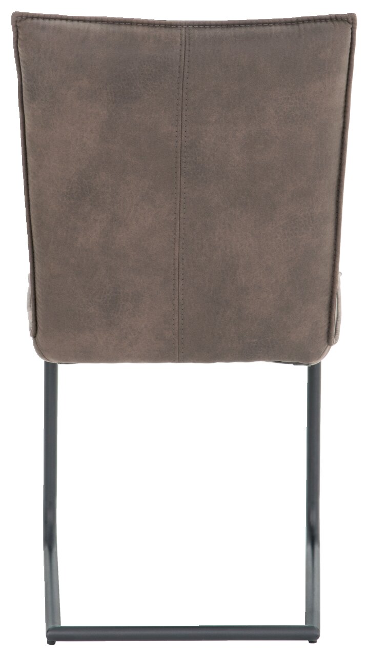 Rückansicht eines Freischwinger-Stuhls mit braunem Polster und schwarzem Metallgestell.