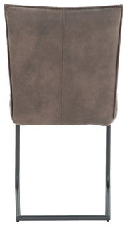 Rückansicht eines Freischwinger-Stuhls mit braunem Polster und schwarzem Metallgestell.