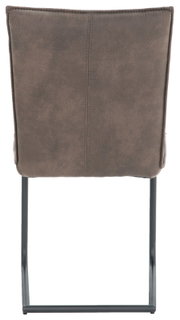 Rückansicht eines Freischwinger-Stuhls mit braunem Polster und schwarzem Metallgestell.