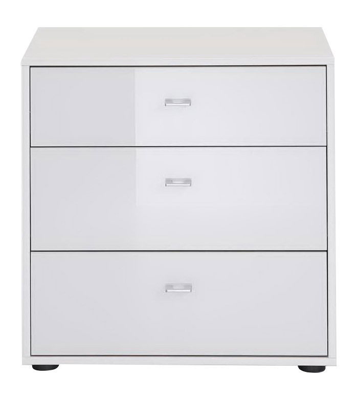 Weiße Nachtkonsole mit drei Schubladen, frontale Ansicht