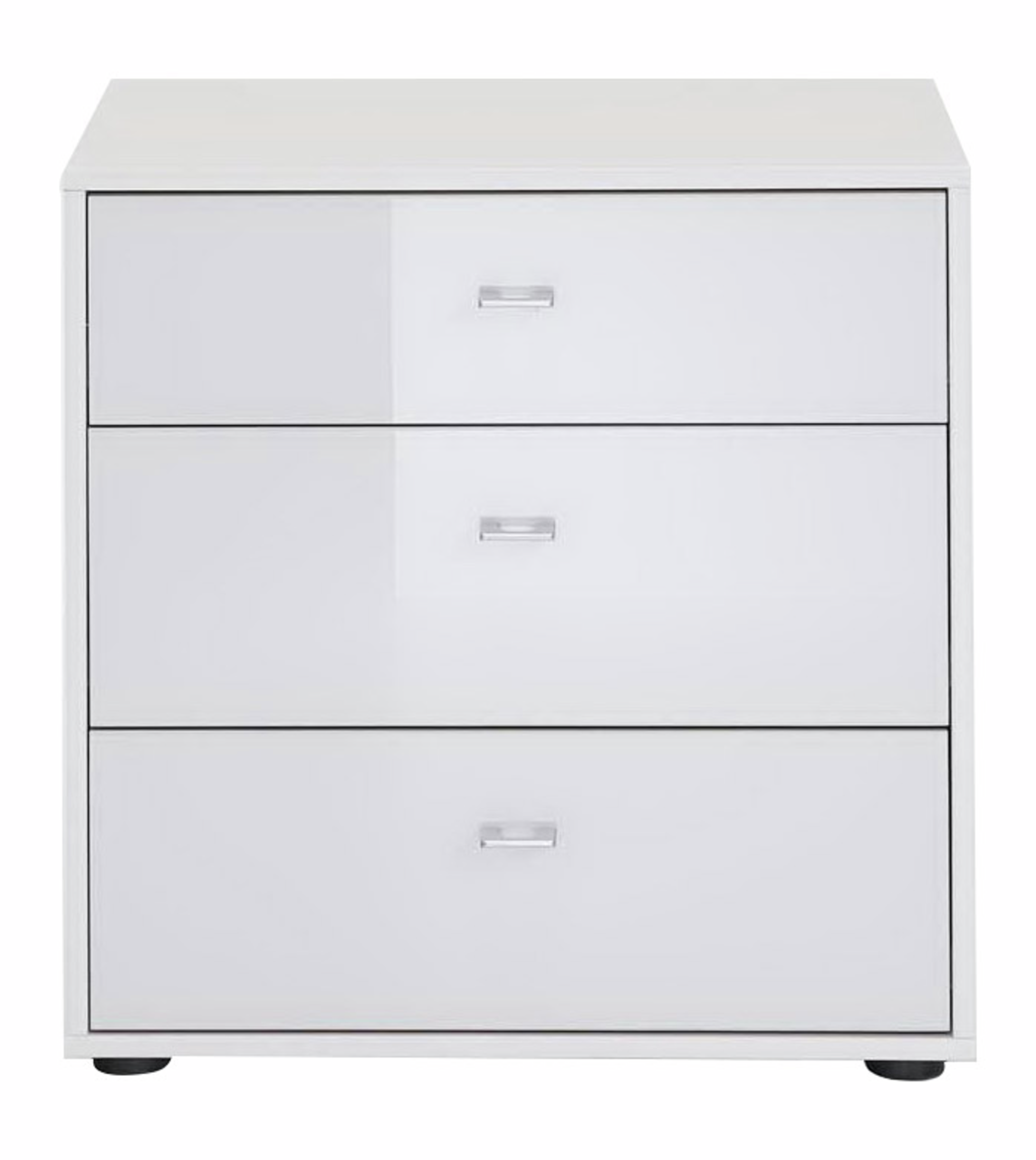 Weiße Nachtkonsole mit drei Schubladen, frontale Ansicht