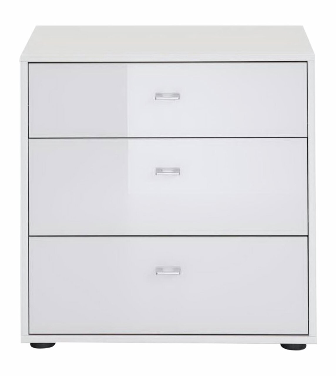 Weiße Nachtkonsole mit drei Schubladen, frontale Ansicht