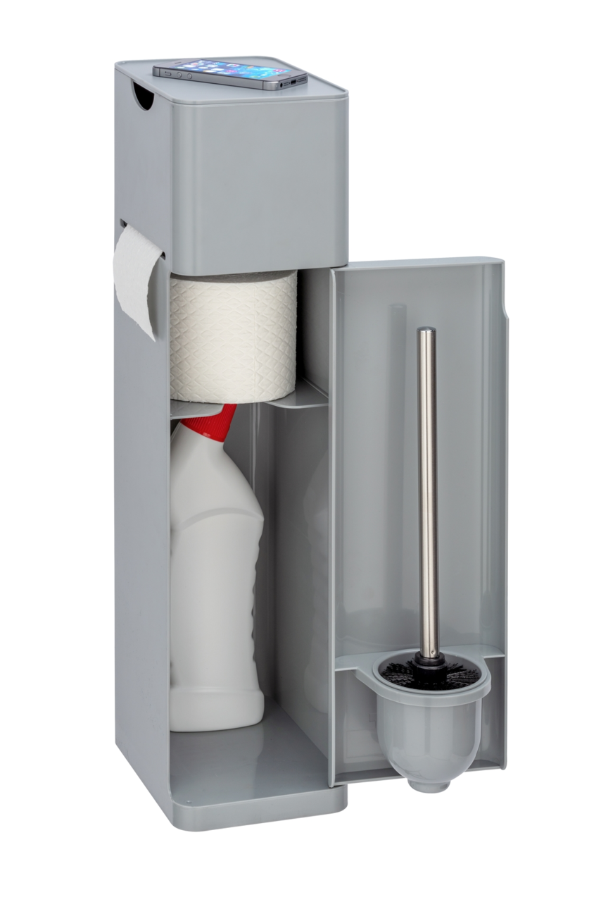 Graue 6-in-1 Stand WC-Garnitur Imon mit Toilettenpapierhalter, Reinigungsmittelaufbewahrung und WC-Bürste, seitliche Perspektive