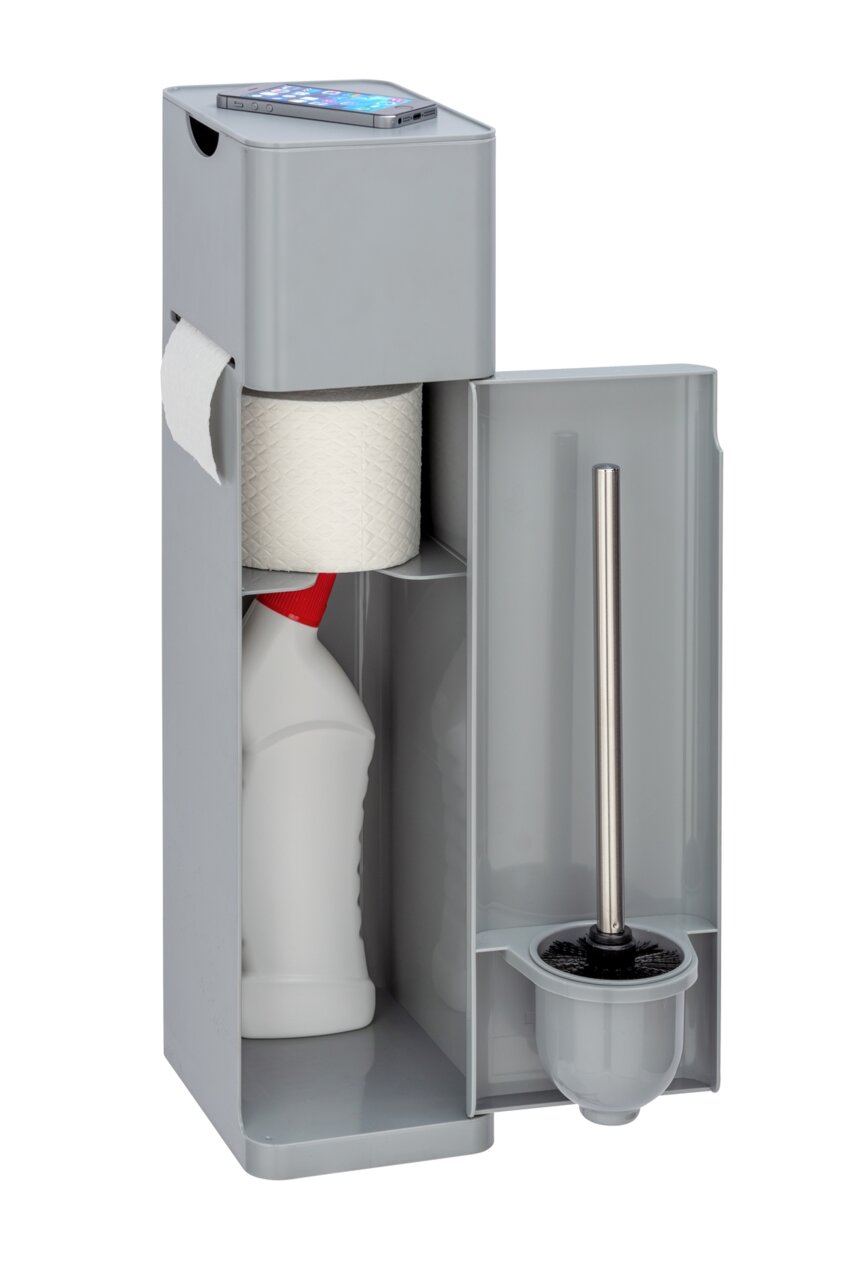 Graue 6-in-1 Stand WC-Garnitur Imon mit Toilettenpapierhalter, Reinigungsmittelaufbewahrung und WC-Bürste, seitliche Perspektive