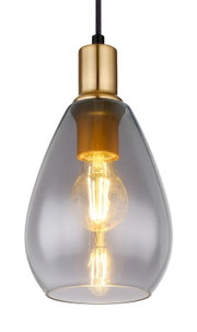 Moderne Hängeleuchte mit transparentem Glas und goldener Fassung, seitliche Perspektive