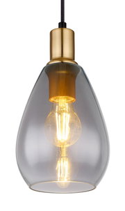 Moderne Hängeleuchte mit transparentem Glas und goldener Fassung, seitliche Perspektive