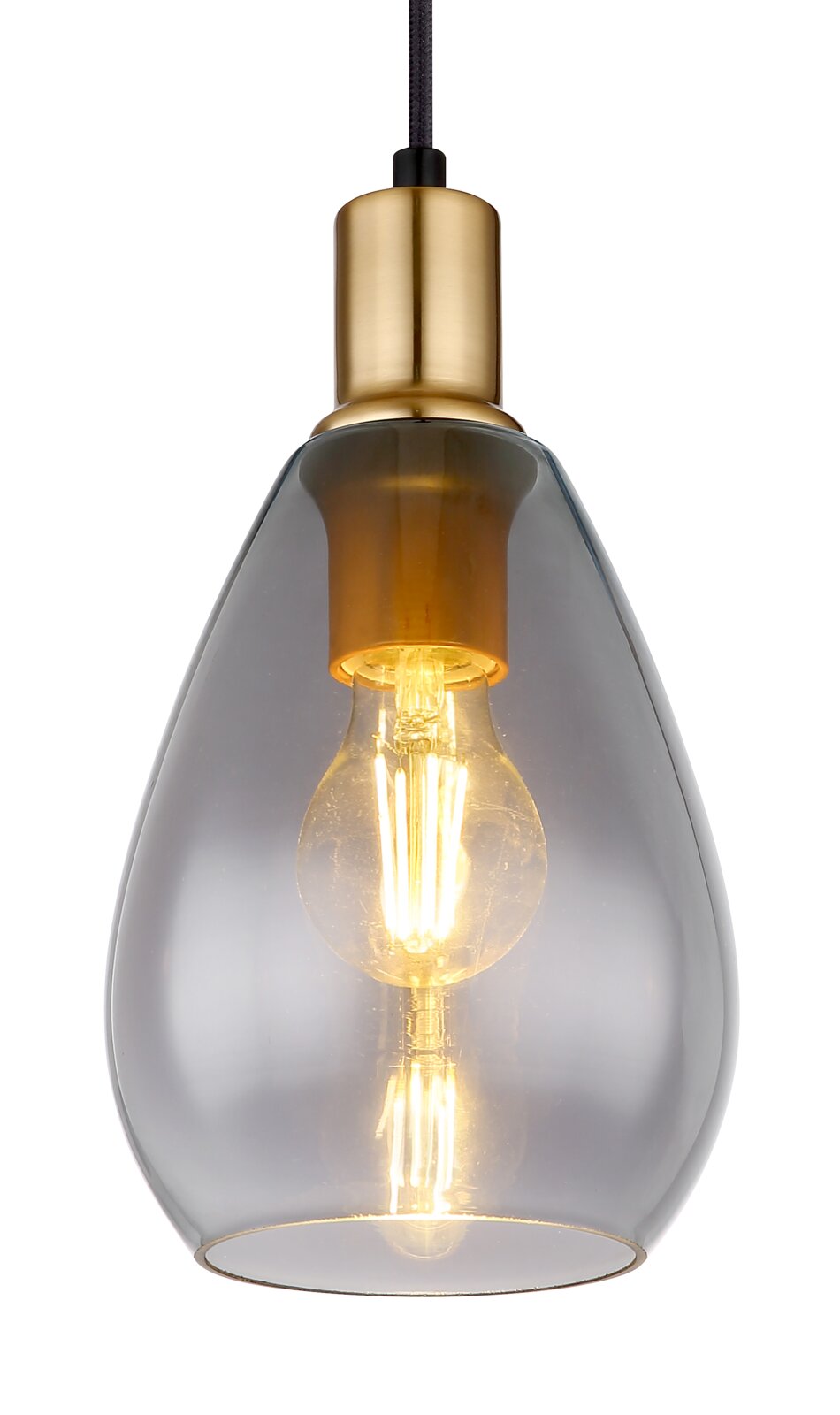Moderne Hängeleuchte mit transparentem Glas und goldener Fassung, seitliche Perspektive