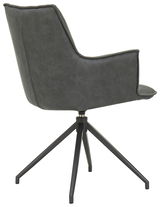 Rückansicht eines modernen Sessels mit grauem Stoffbezug und schwarzem Metallgestell.