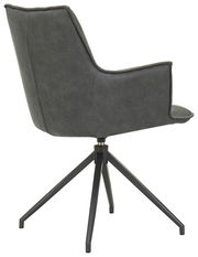 Rückansicht eines modernen Sessels mit grauem Stoffbezug und schwarzem Metallgestell.