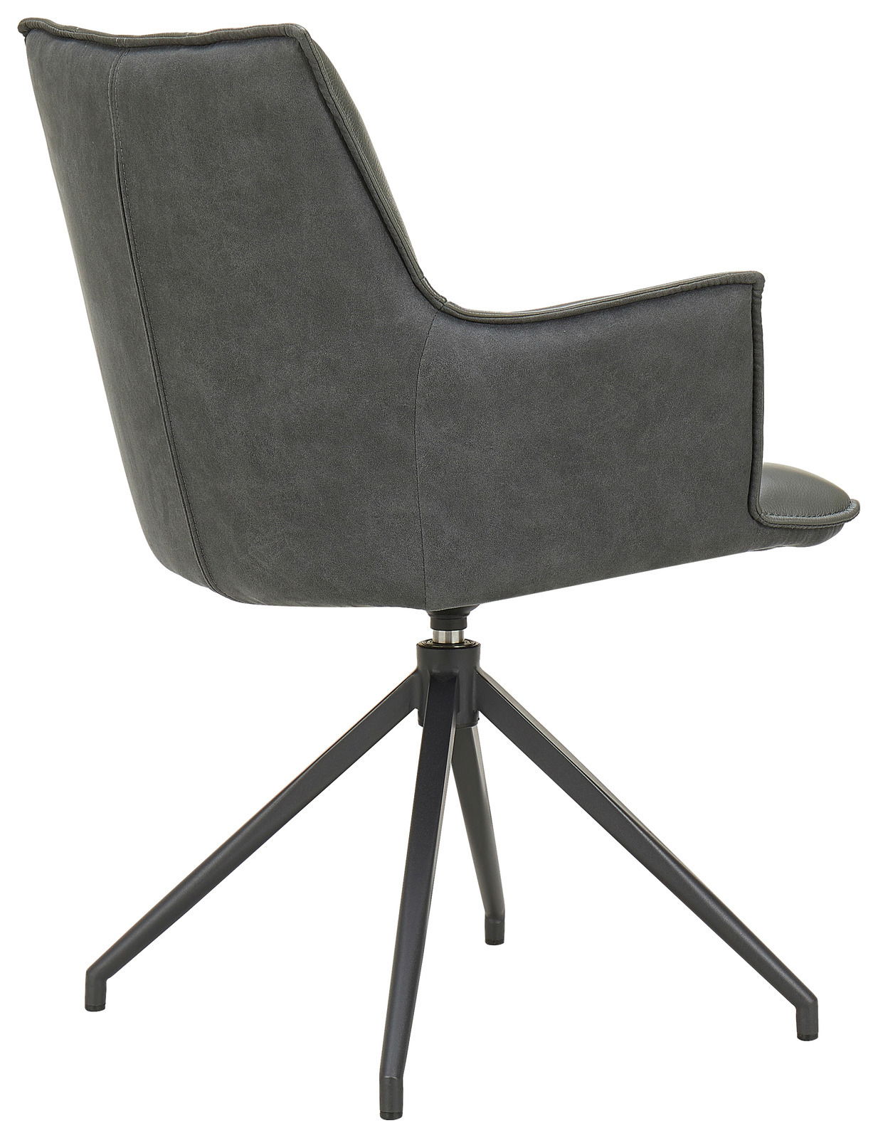 Rückansicht eines modernen Sessels mit grauem Stoffbezug und schwarzem Metallgestell.