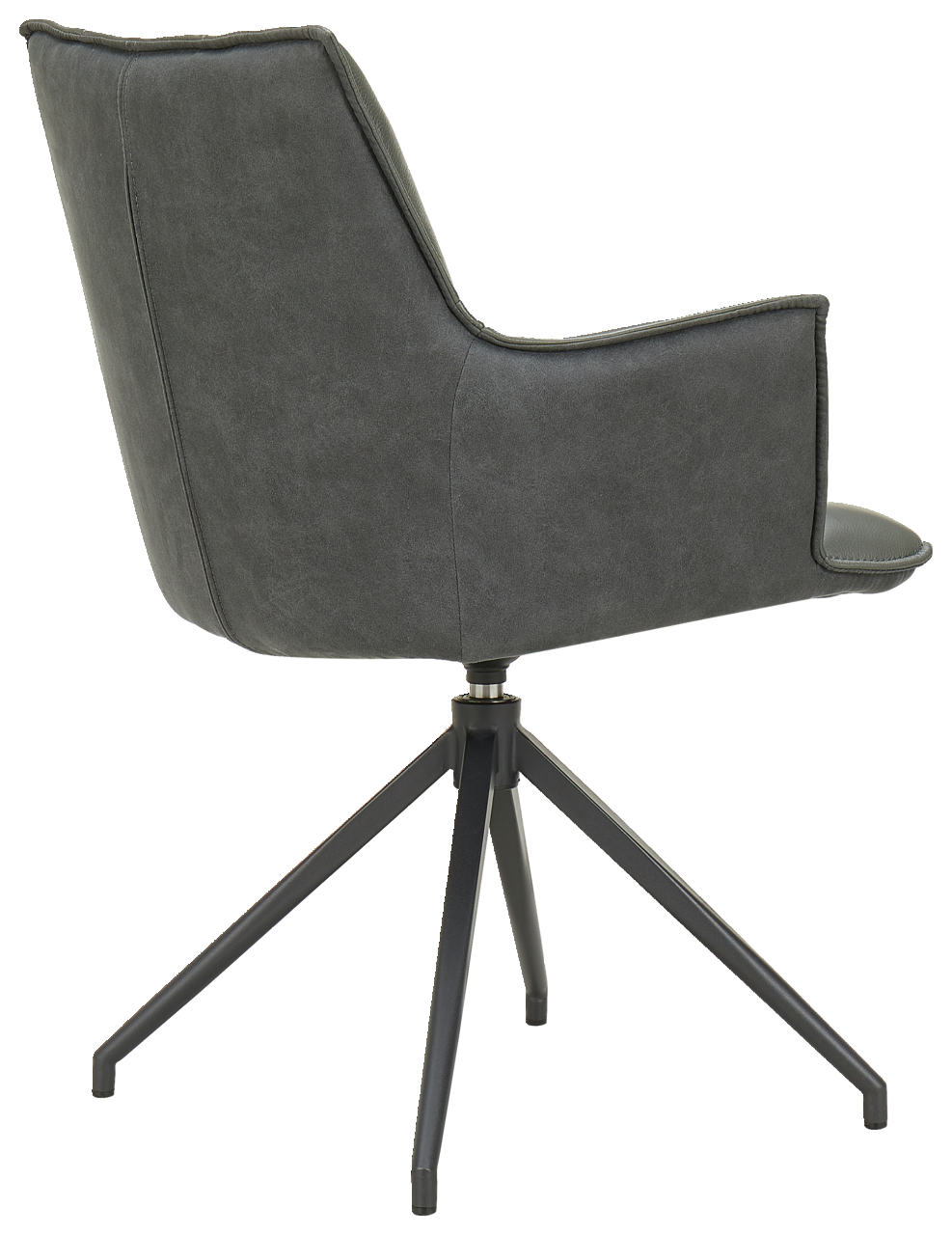 Rückansicht eines modernen Sessels mit grauem Stoffbezug und schwarzem Metallgestell.