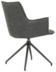 Rückansicht eines modernen Sessels mit grauem Stoffbezug und schwarzem Metallgestell.