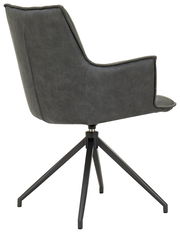 Rückansicht eines modernen Sessels mit grauem Stoffbezug und schwarzem Metallgestell.