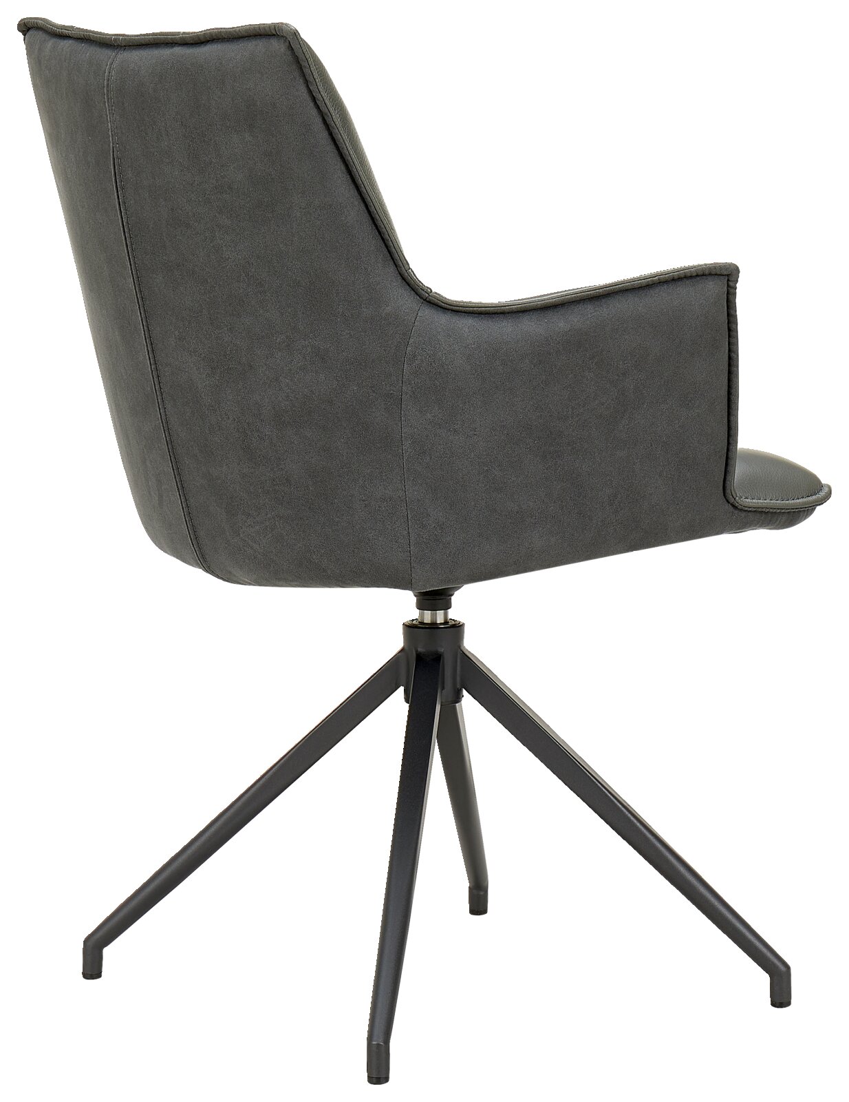Rückansicht eines modernen Sessels mit grauem Stoffbezug und schwarzem Metallgestell.