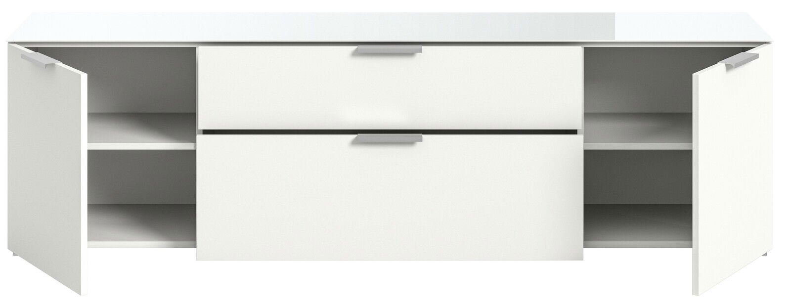 Weiße Kommode mit zwei offenen Türen und zwei Schubladen, frontale Ansicht