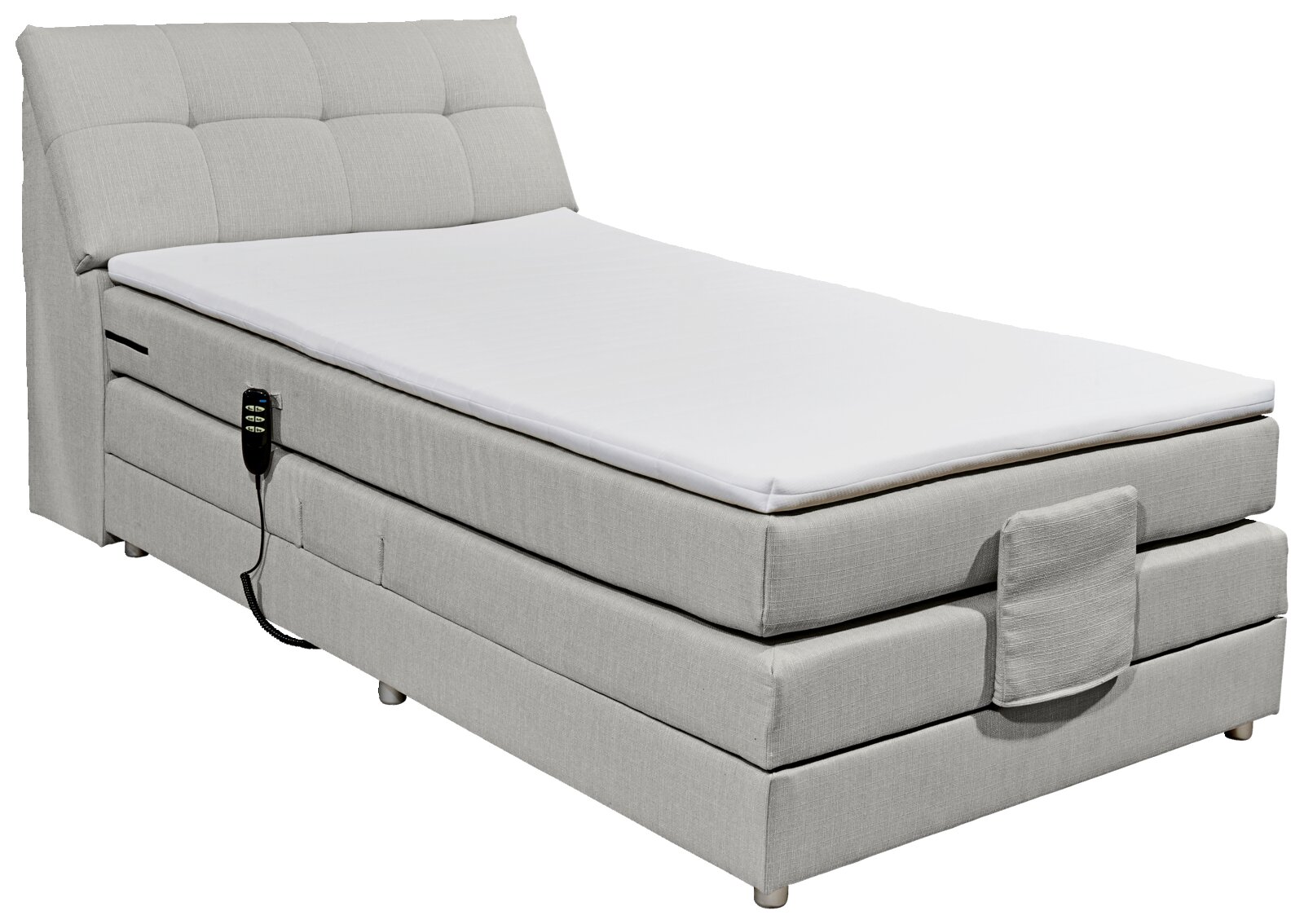 Boxspringbett in hellem Stoffbezug mit verstellbarem Kopfteil und Fernbedienung, seitliche Perspektive