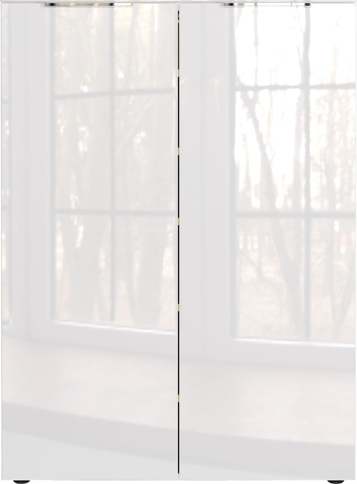 Schuhschrank mit zwei Türen, frontale Ansicht, vor einem Fenster platziert.