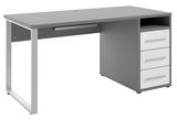 Moderner grauer Schreibtisch mit vier weißen Schubladen, seitliche Perspektive