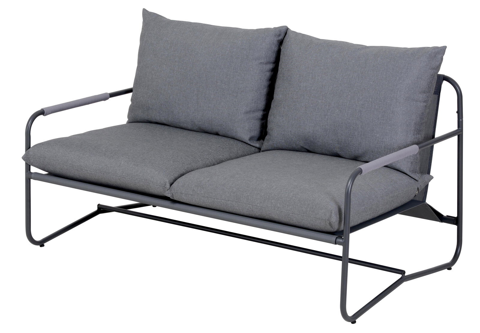 Graue Loungegarnitur mit Metallrahmen und zwei großen Kissen, seitliche Perspektive