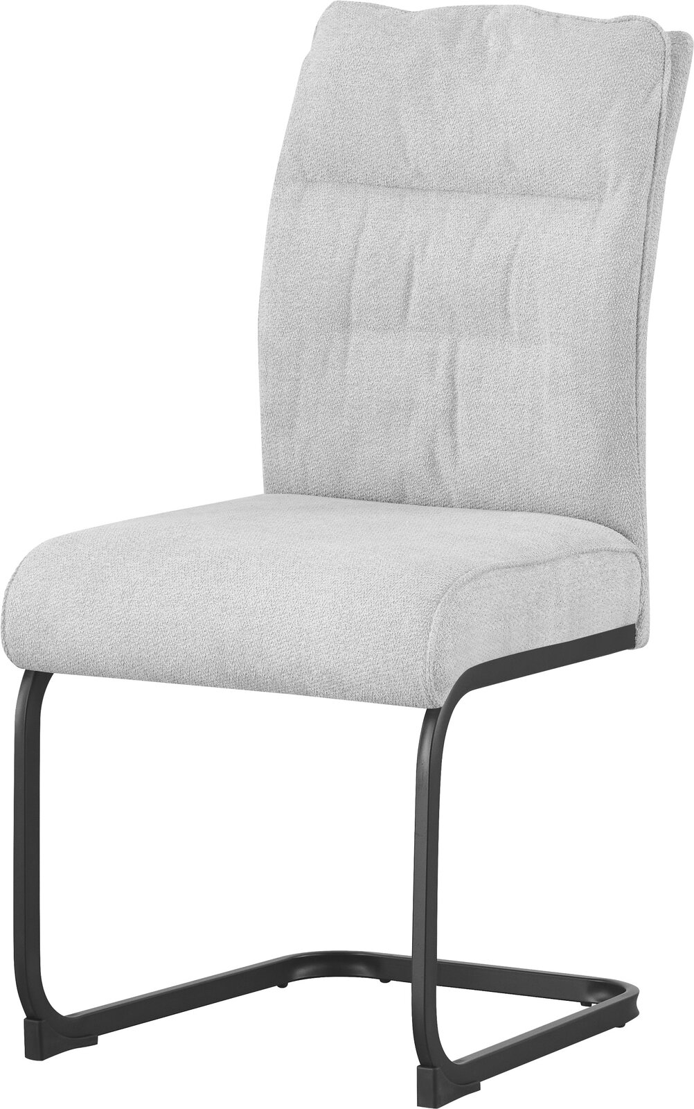 Beiger, gepolsterter Freischwinger-Stuhl mit hoher Rückenlehne und schwarzem Metallgestell, schräg von vorne links fotografiert