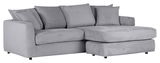 Graues Ecksofa mit geripptem Stoffbezug, bestehend aus einer linken Armlehne und einer Ottomane auf der rechten Seite, aus der Perspektive von vorne links.