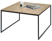 Moderner Beistelltisch mit Holzplatte und schwarzem Metallgestell, seitliche Perspektive